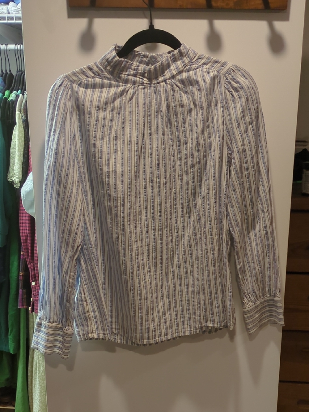 LOFT Blue & White Striped Ruffled Neck Blouse